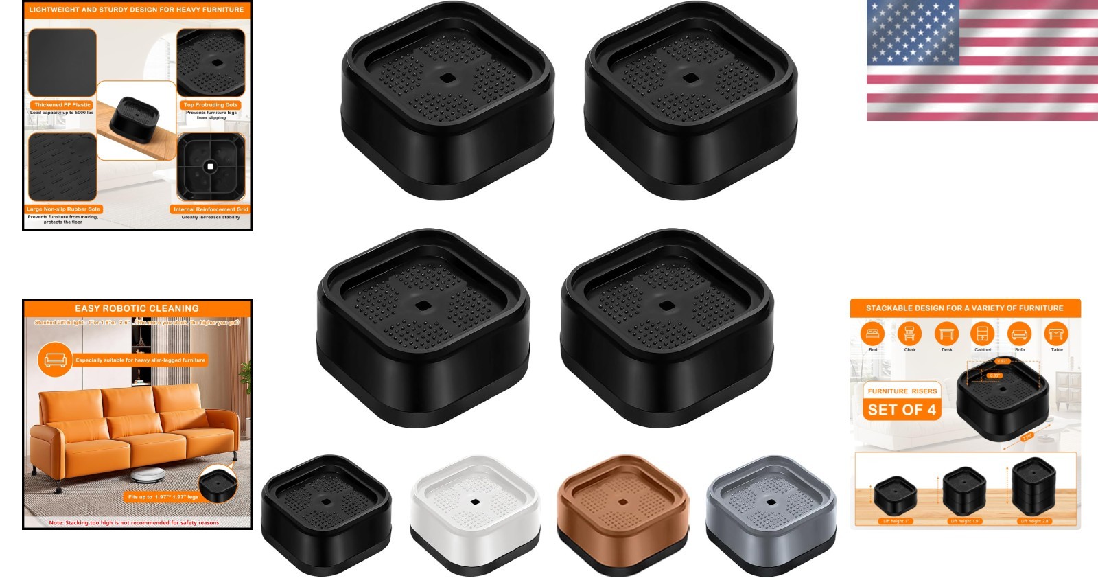 4 Pack Adjustable Bed Risers for Safe, Elevated Furniture - 1" to 2.8" Height