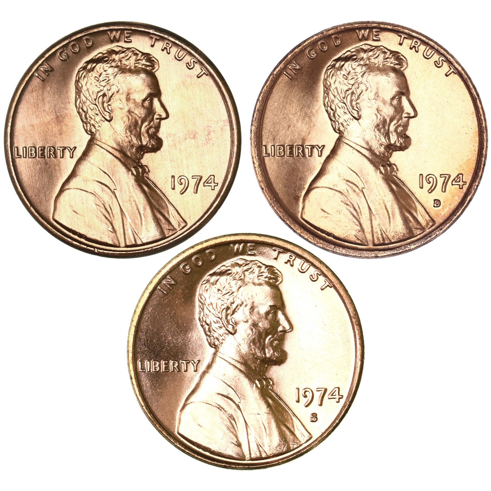 1974 P D S Lincoln Memorial Cent Brilliant Uncirculated 3 Coin Year Set