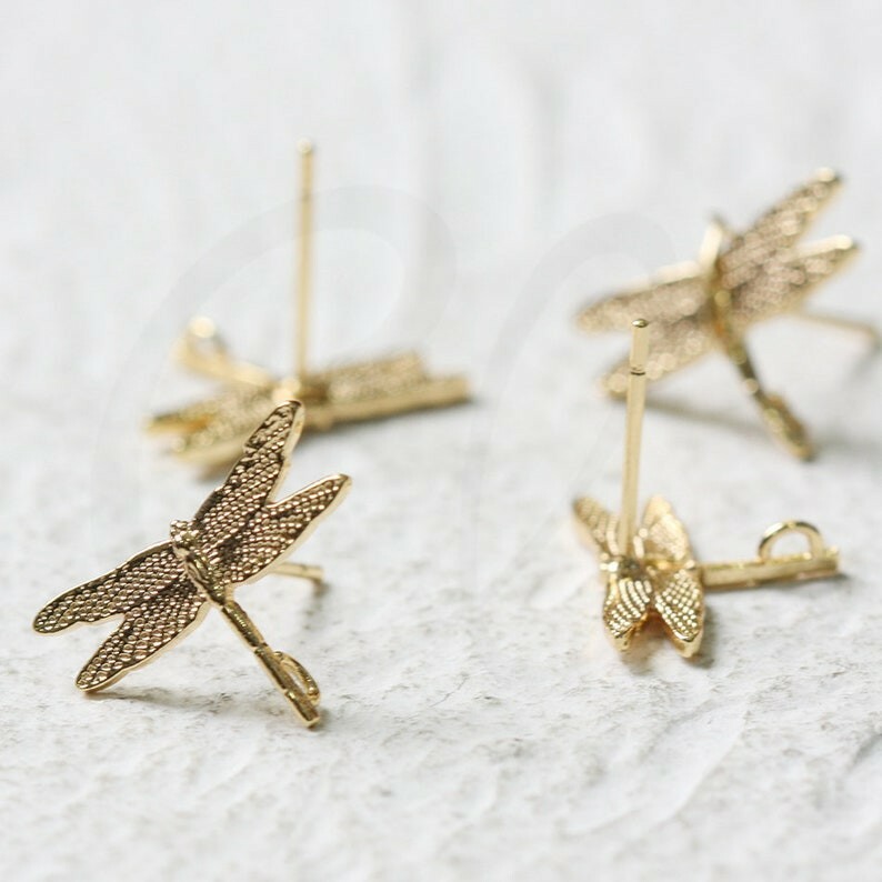 2 Pieces Premium Gold Plated Brass Dragonfly Earring Post - 11.8x16.8mm (4482C)