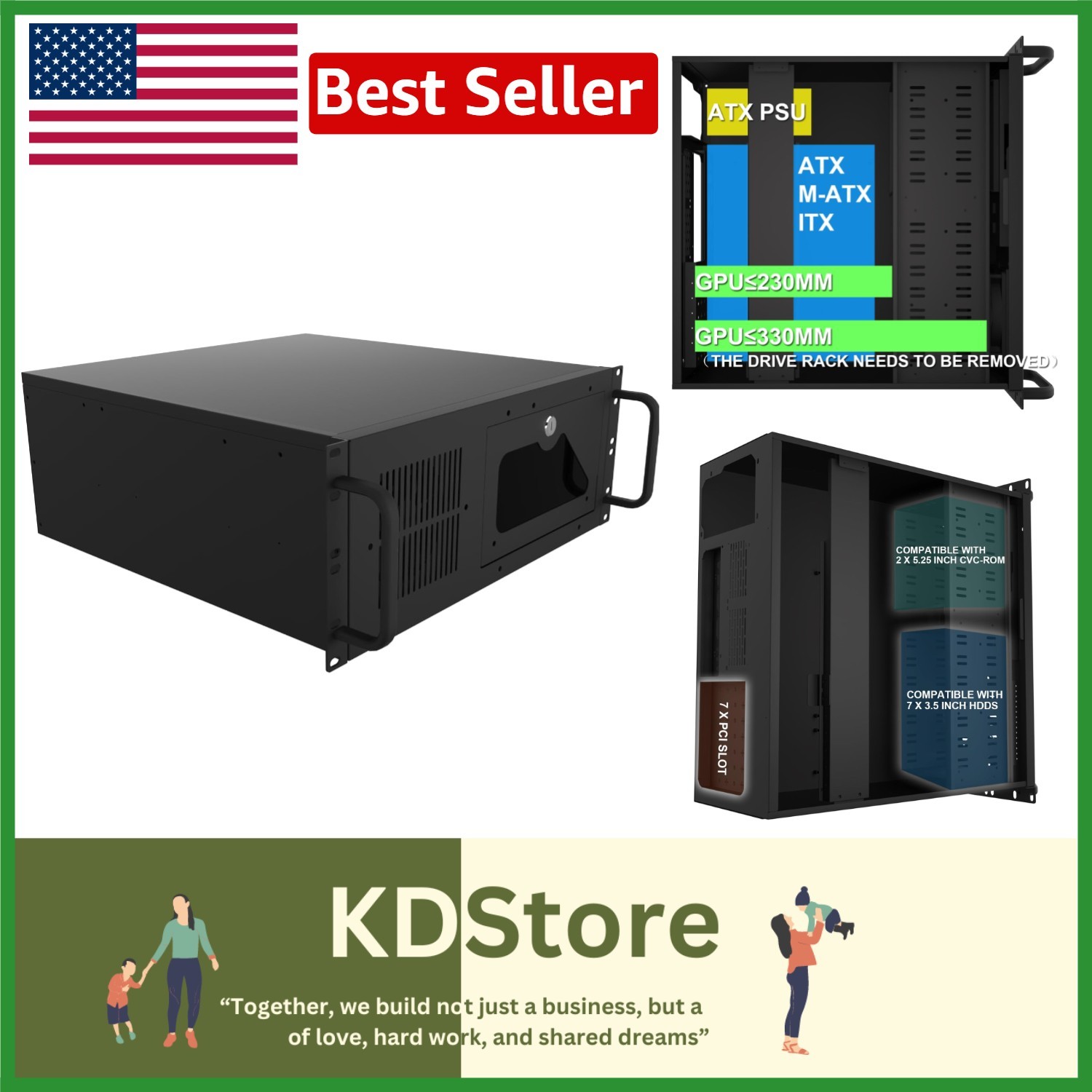 Secure 4U Metal Server Cabinet Case with 7 PCI Slots - Dimensions 17.72" x 6.97"