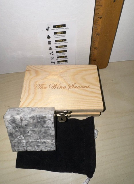 NEW THE WINE SAVANT 9 PIECE WHISKEY STONE SET IN WOODEN BOX w/velvet bag Sealed