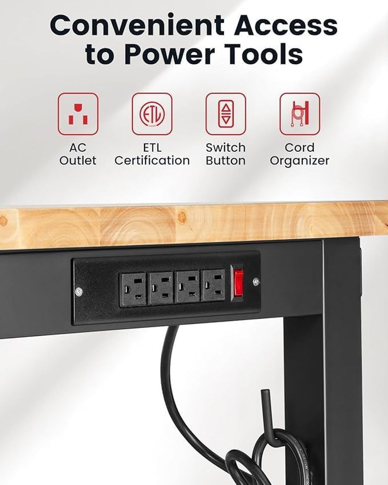 48" X 20" Adjustable Height Workbench Heavy Duty Rubberwood Work Table with Pegb