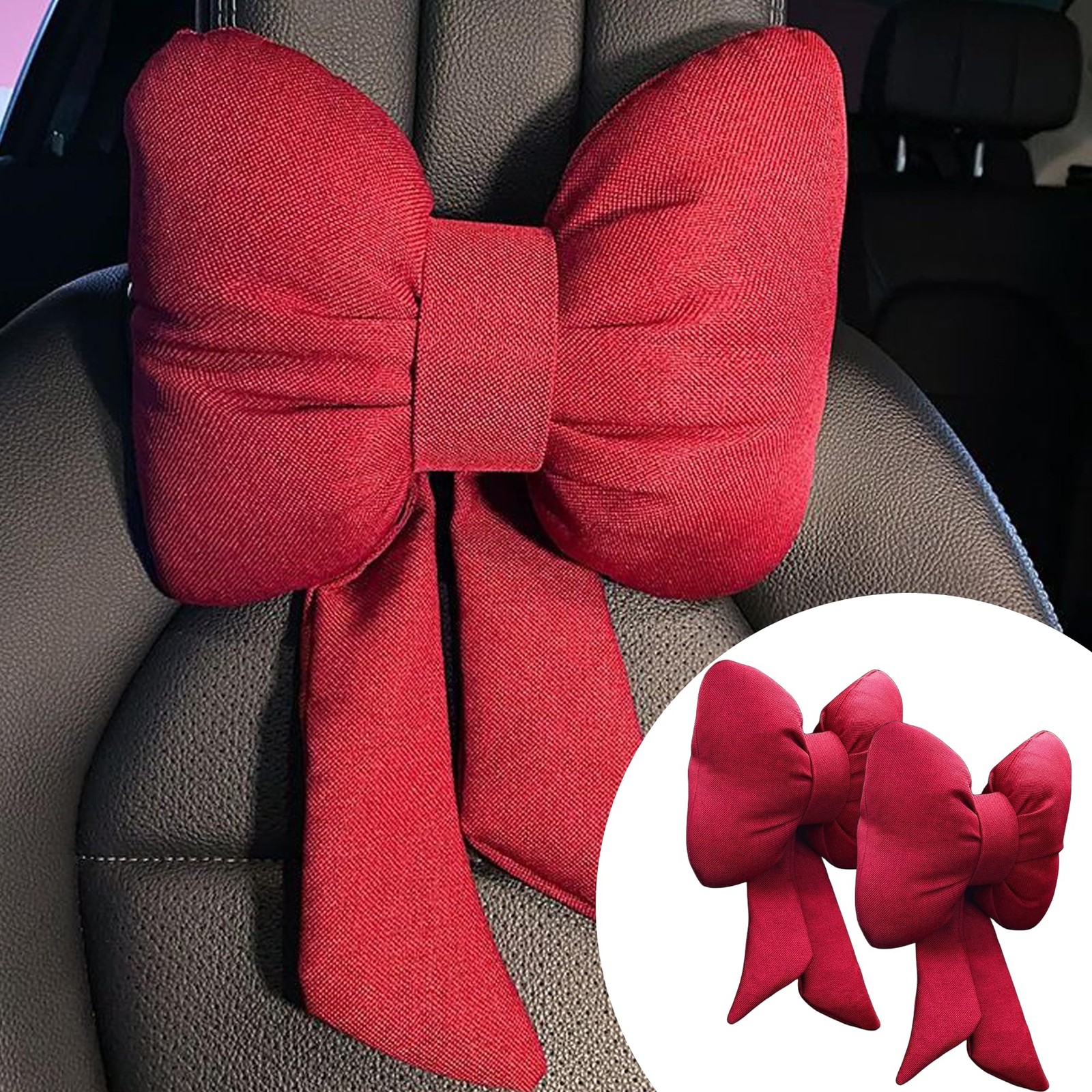 UINSUE 2PCS Chic Car Headrests with Bow-Shaped Cotton Linen Bowknot Neck Pill...