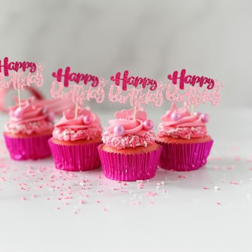 Ephlyn 24Pcs Happy Birthday Cupcake Toppers Double Layer Rose Red Pink Style 1