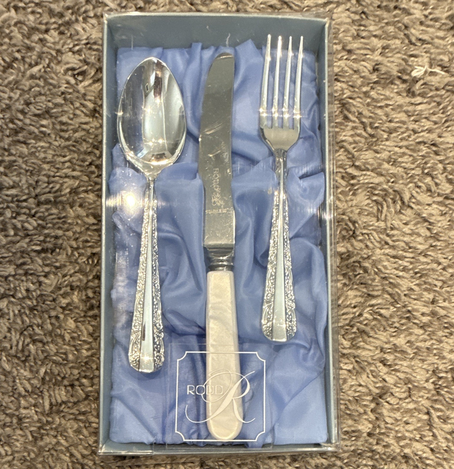 Rodd Nemesia Pearlex Blue 3pc Flatware Set Fork Knife Spoon Stainless Steel