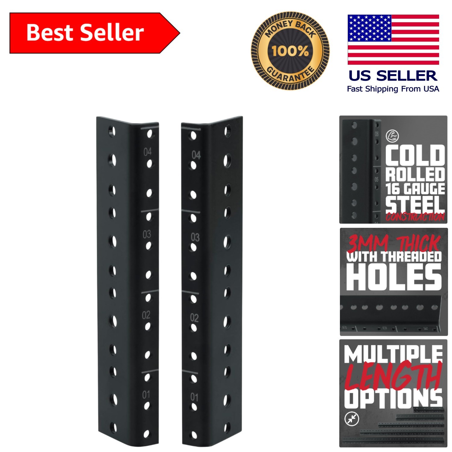 Cold-Rolled 4U Rack Rail Set - Professional Black Steel for IT and Audio Systems