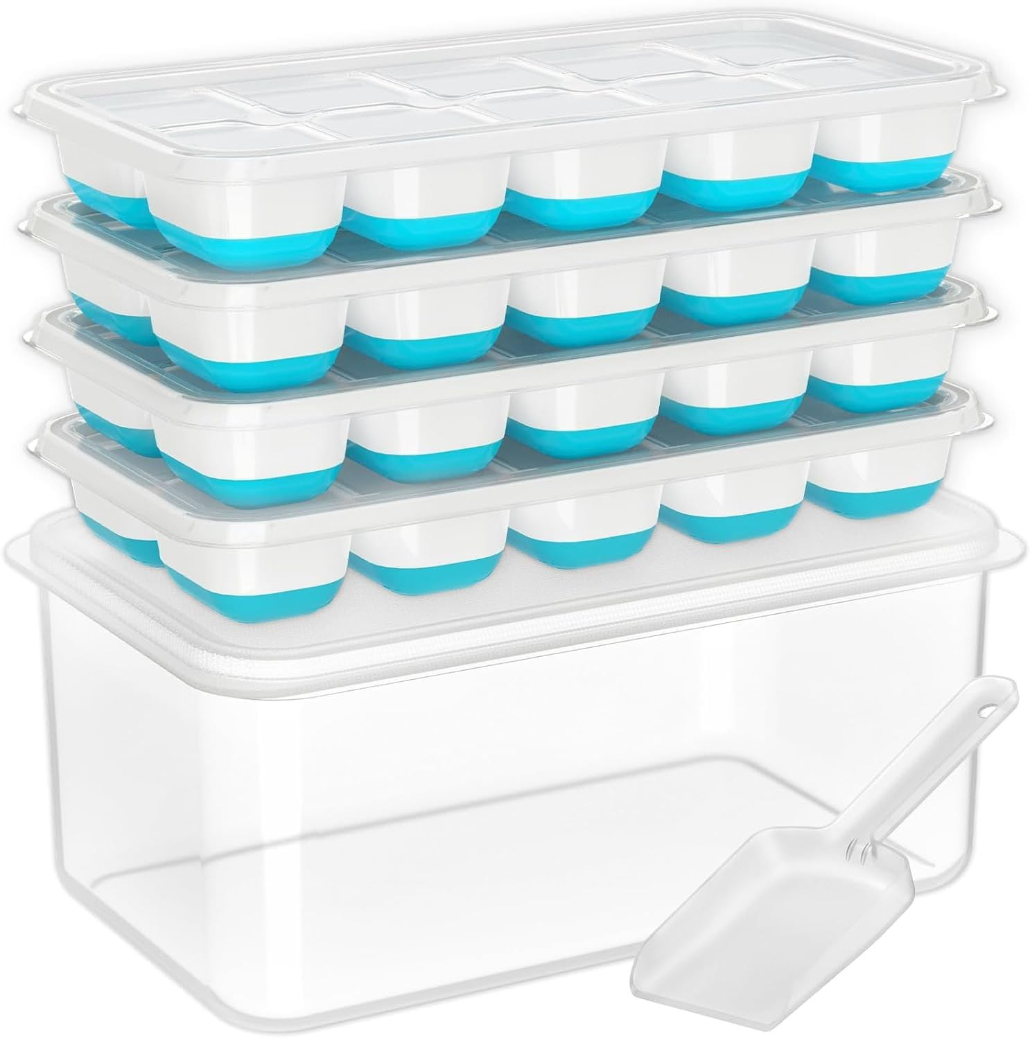 4 Pack Silicone Ice Cube Trays w/ Lids Storage Bin & Scoop Stackable Set