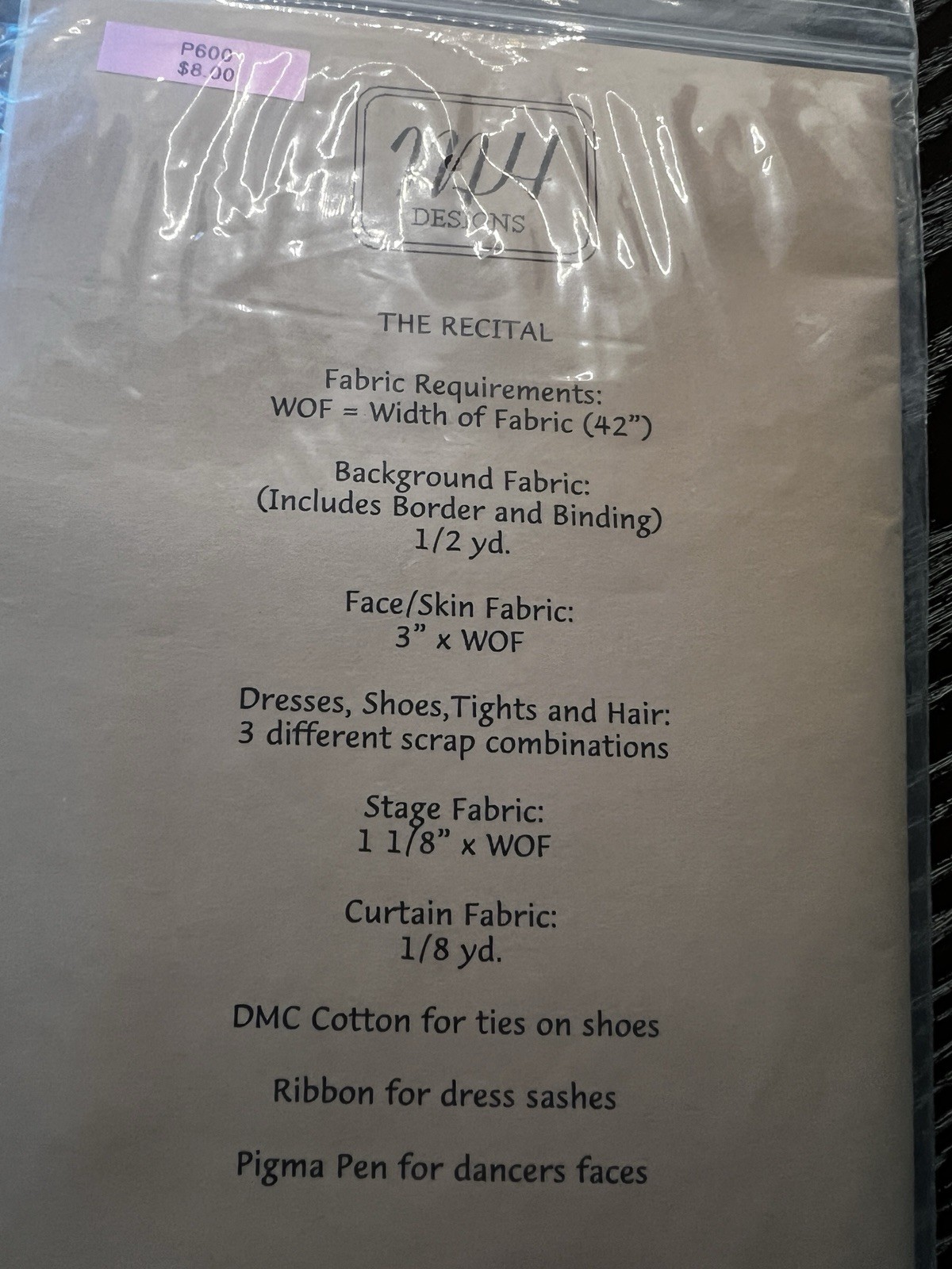 MH Designs Quilt Pattern THE RECITAL 15" x 20.5" Ballet New