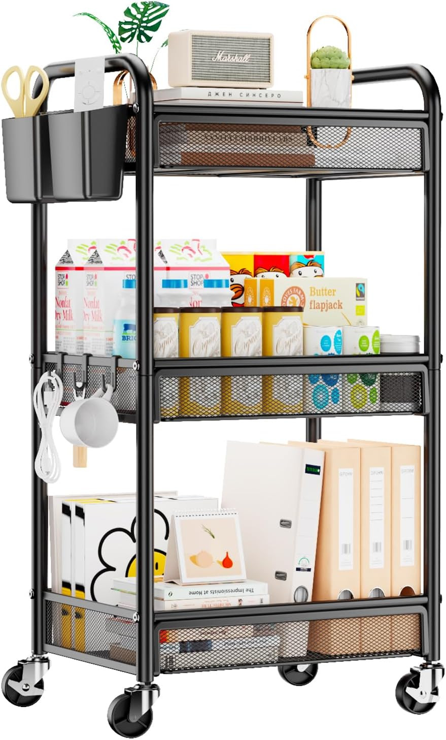 3-Tier Metal Rolling Utility Cart with Hooks & Cups Storage Organizer Heavy Duty