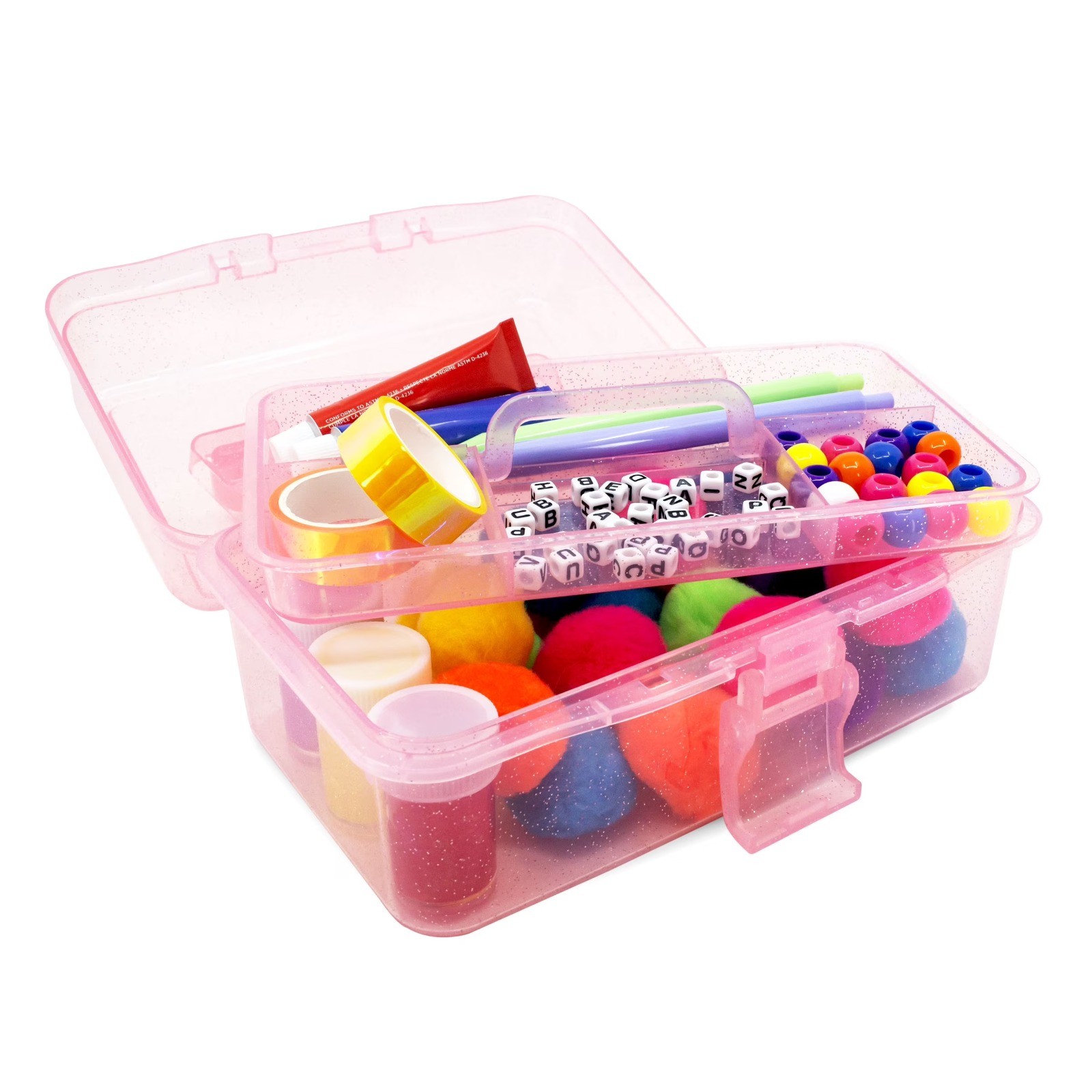 Glitter pink craft storage box with removable tray