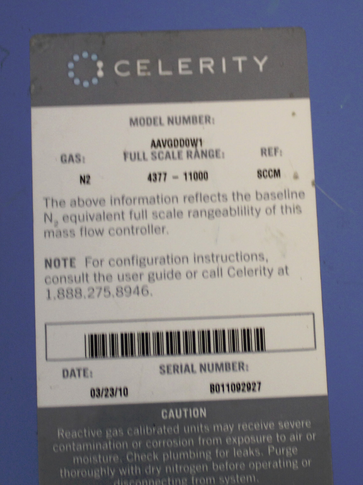 CELERITY MASS FLOW CONTROLLER IN3XP AAVGDD0W1 GAS N2 11000 SCCM