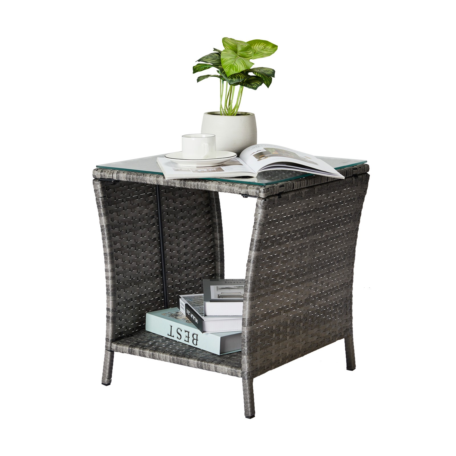 Wicker Side Table, Square End Table Bistro Coffee Table with Glass Top