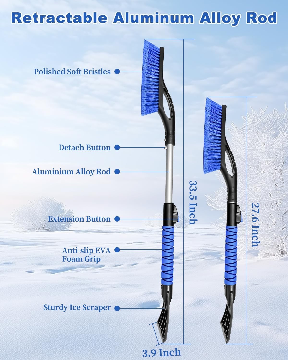 37'' Snow Brush and Ice Scraper for Car Windshield, Aluminum Extendable Snow
