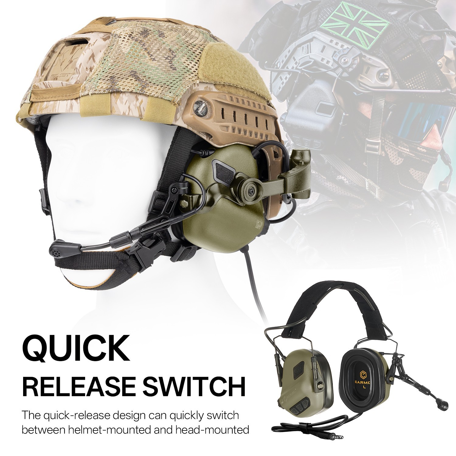 EARMOR M32X Plus Tactical Headset With Mic & ARC Rail Helmet Adapters, Green