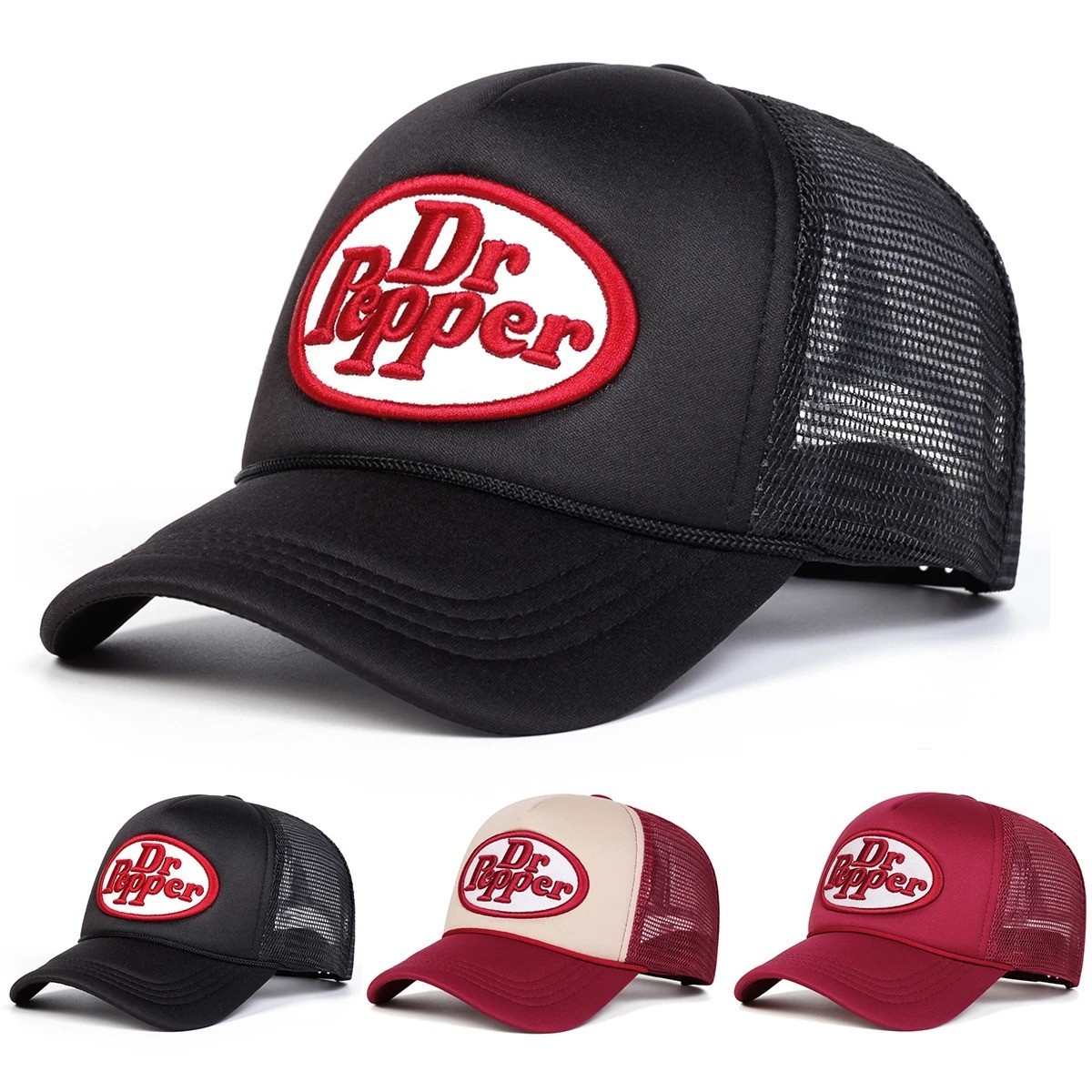 Dr Pepper Letter Embroidery Baseball Mesh Cap Unisex Hip Hop Adjustable Sun Hat