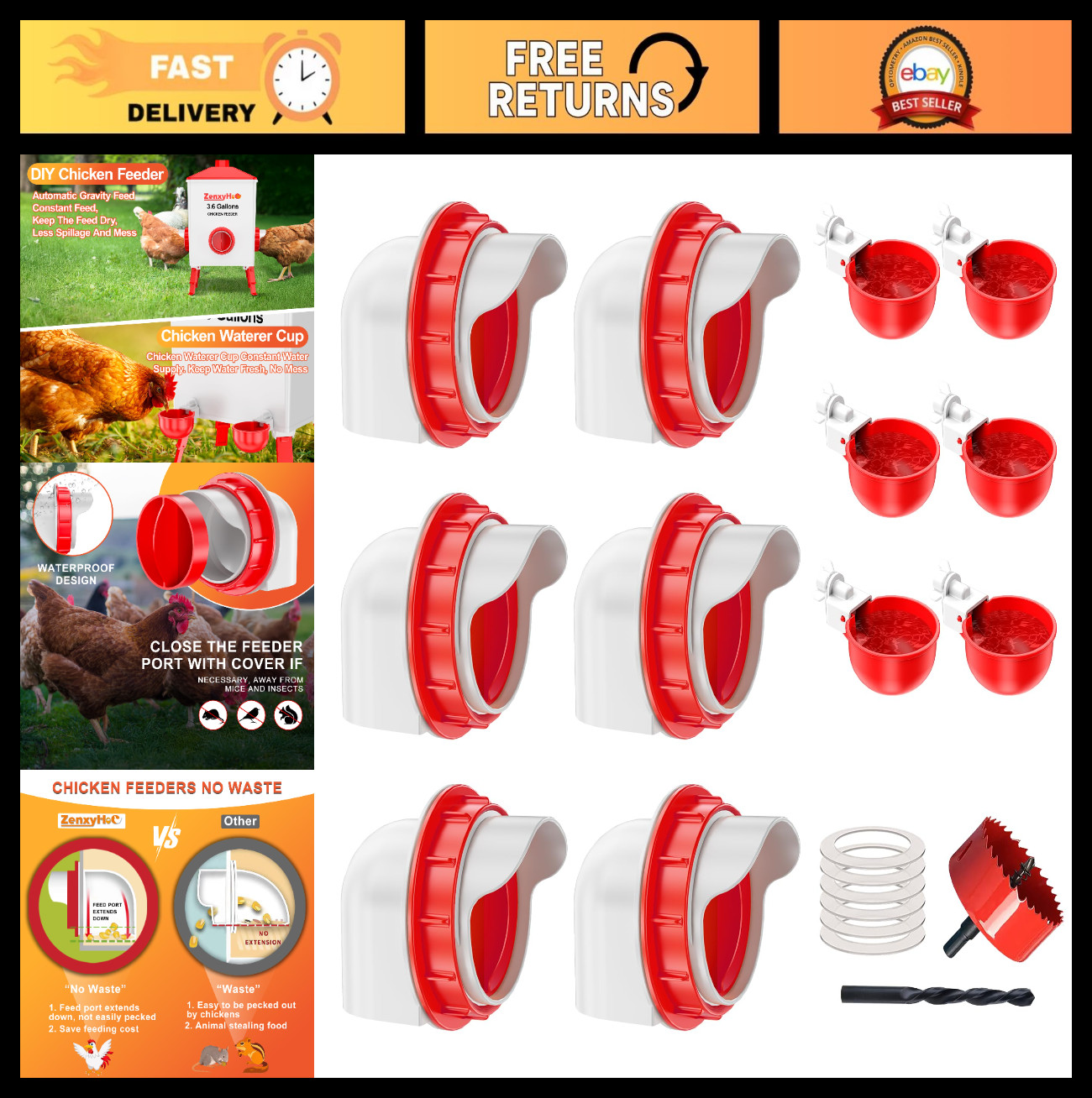 6-Piece No Waste Chicken Feeders & Waterers Set | Ideal for Buckets & Troughs