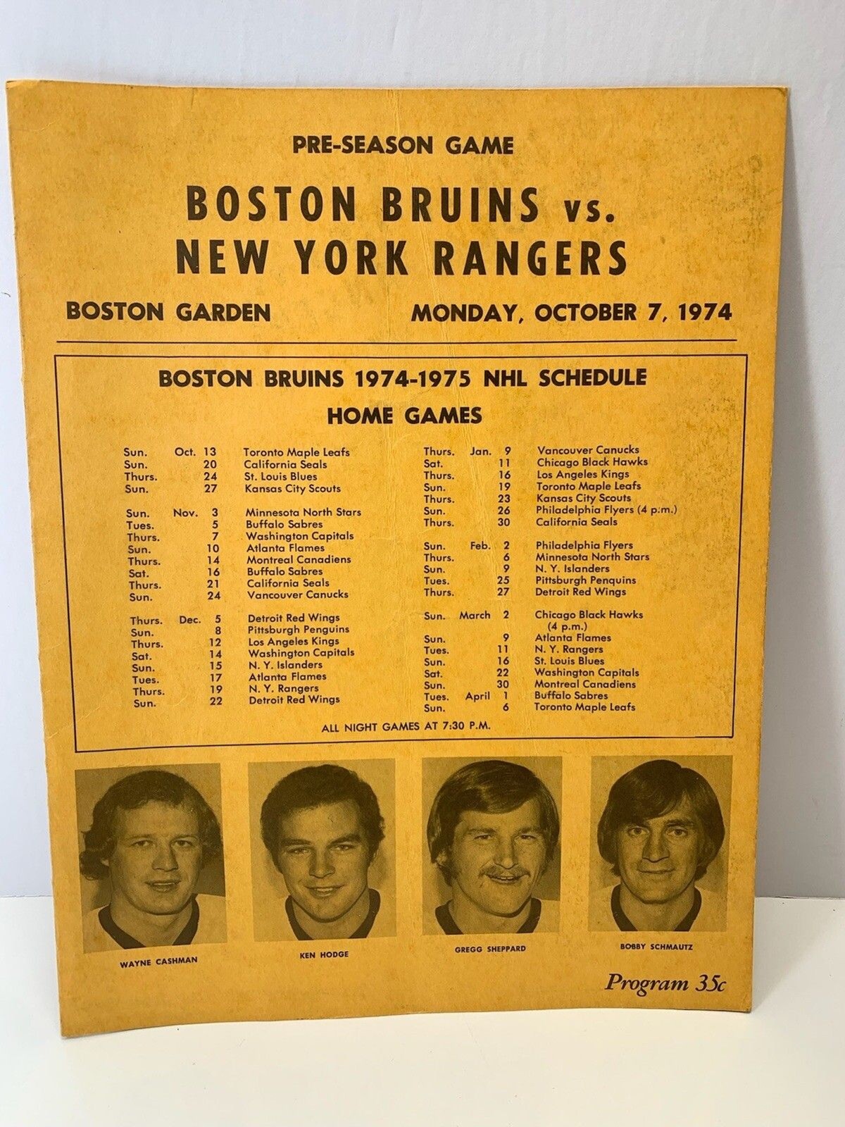 Bruins vs Rangers Oct 7 1974 Program