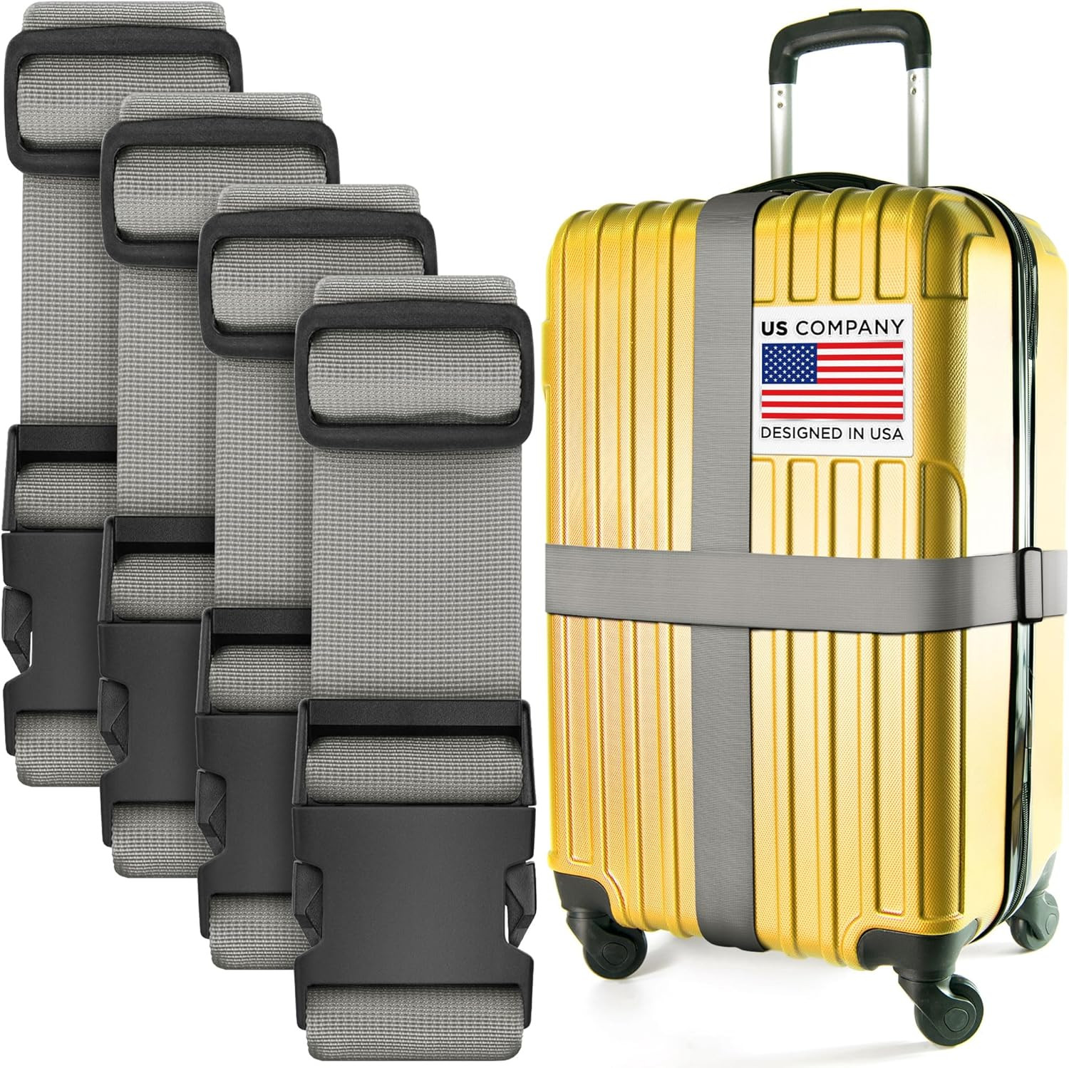 Luggage Straps for Suitcases - TSA Approved - Silver, 4 PK - Premium Nylon Belts