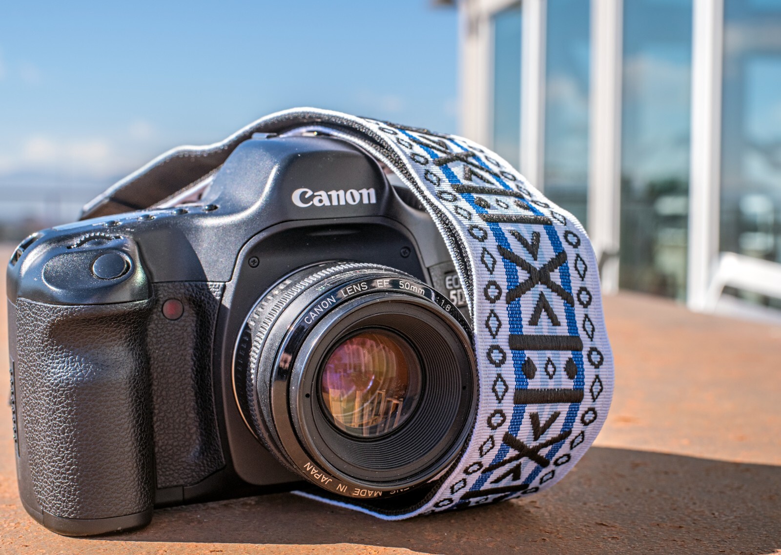 Stunning White, Blue, and Black Geometric Pattern Hippie-inspired Camera Strap