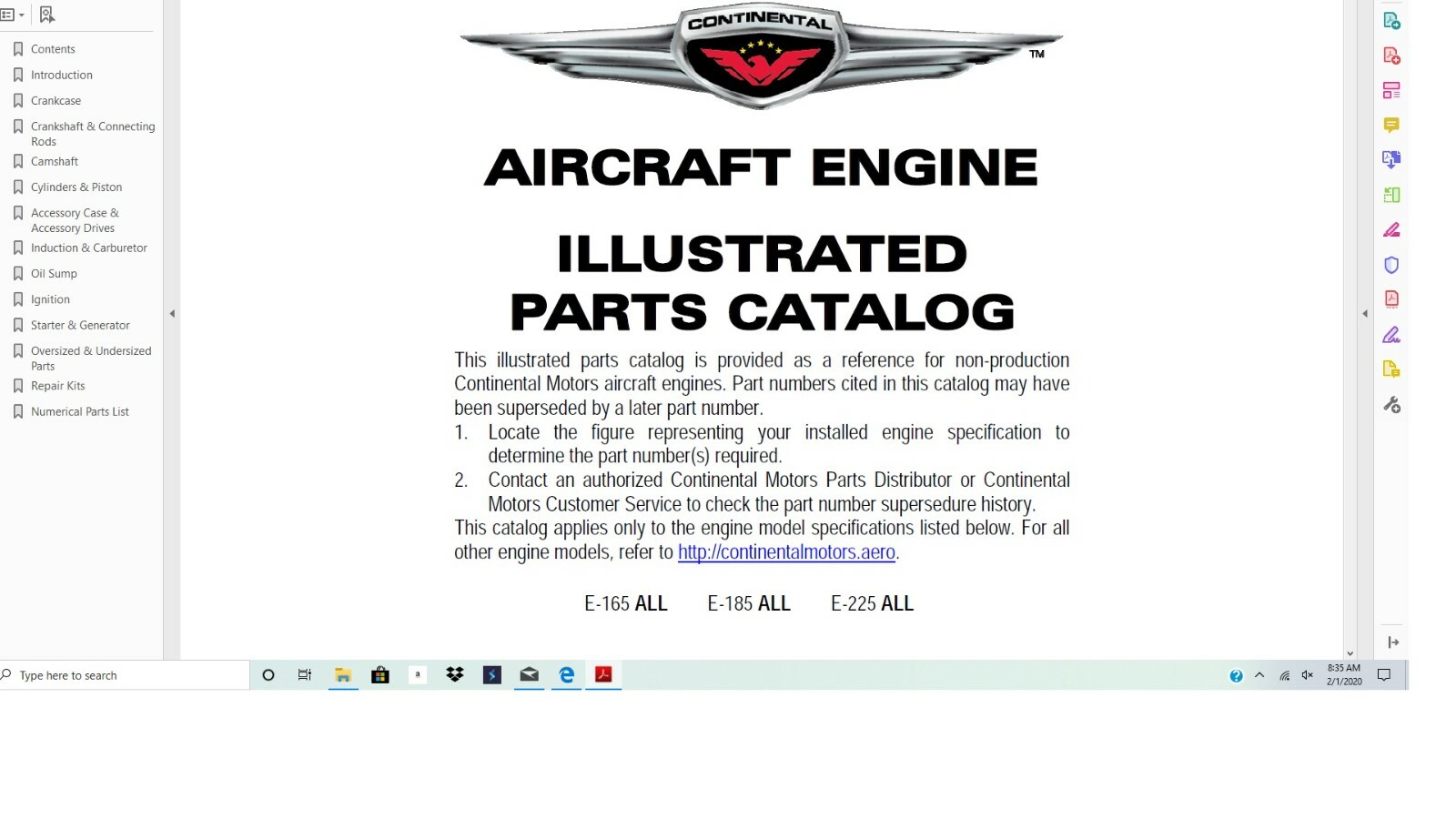 Continental aircraft engine E series E185 E225 service overhaul manual Library