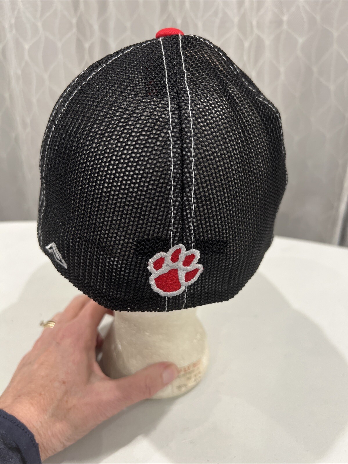 R C in Script on White Hat Cap w Red Bill Black Mesh Size 6 7/8 to 7 1/8 sm/med