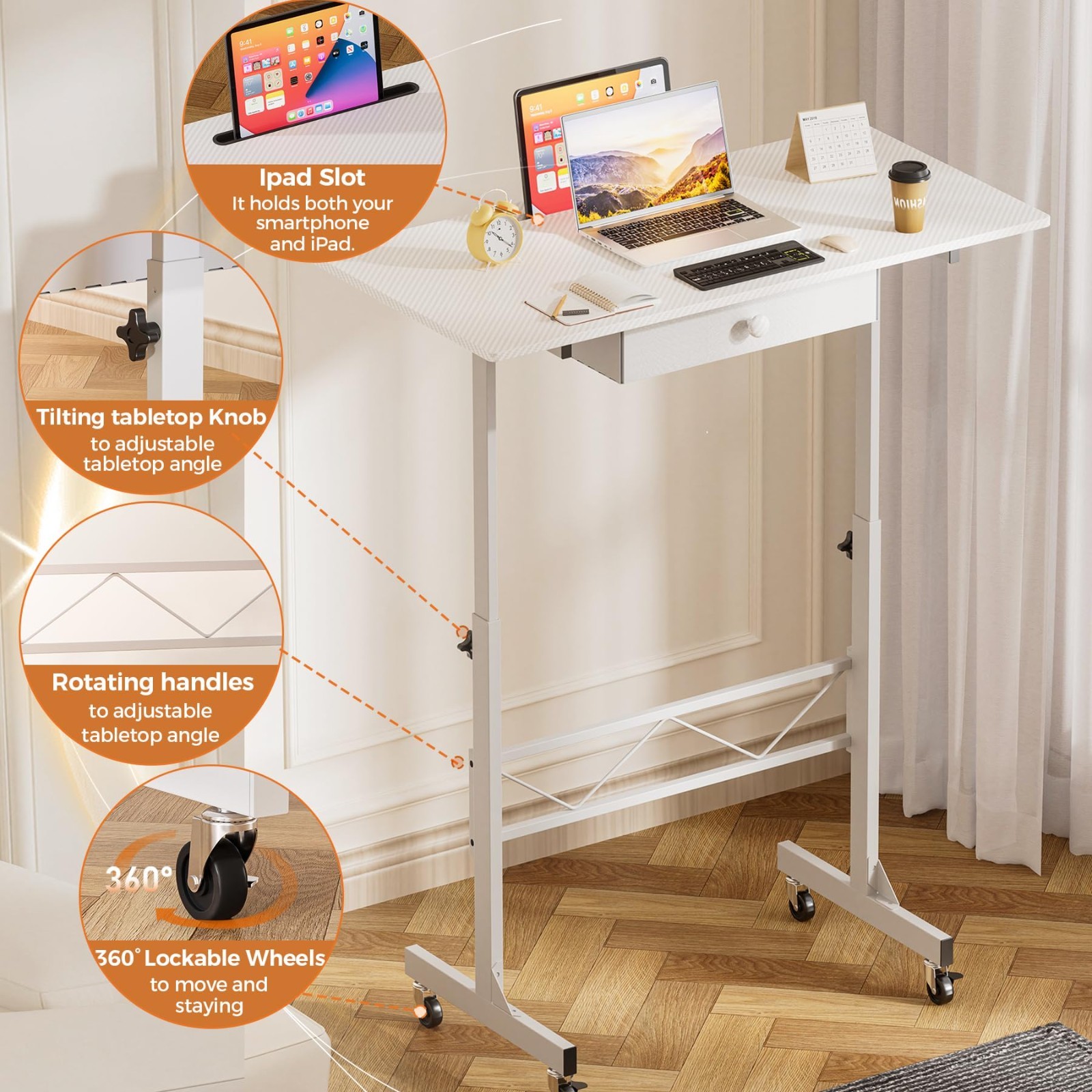 Adjustable Height Portable Standing Desk 30.7"-46.4", Mobile Rolling Computer De