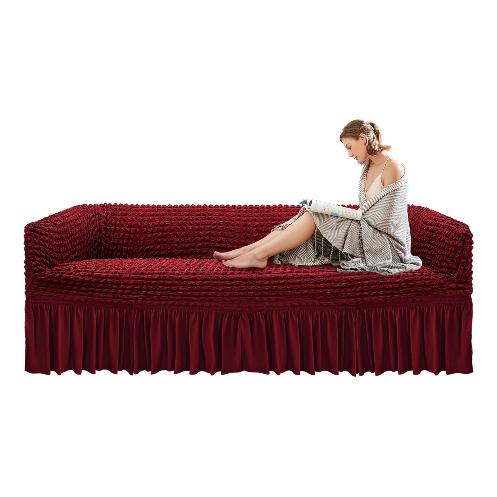 Wine Red Sofa Slipcover,Stretch Slipcover, Sofa Couch Cover with Skirt