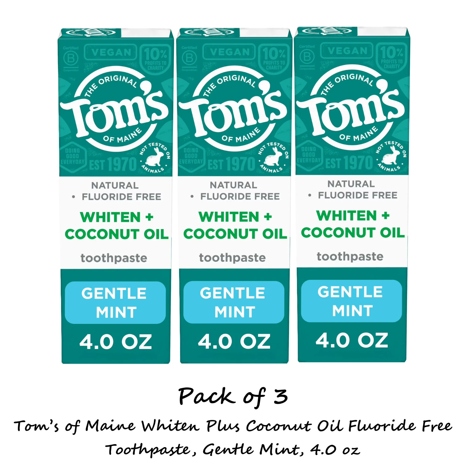 3 x Tom’s of Maine Whiten Plus Coconut Oil Fluoride Free Toothpaste, Gentle Mint