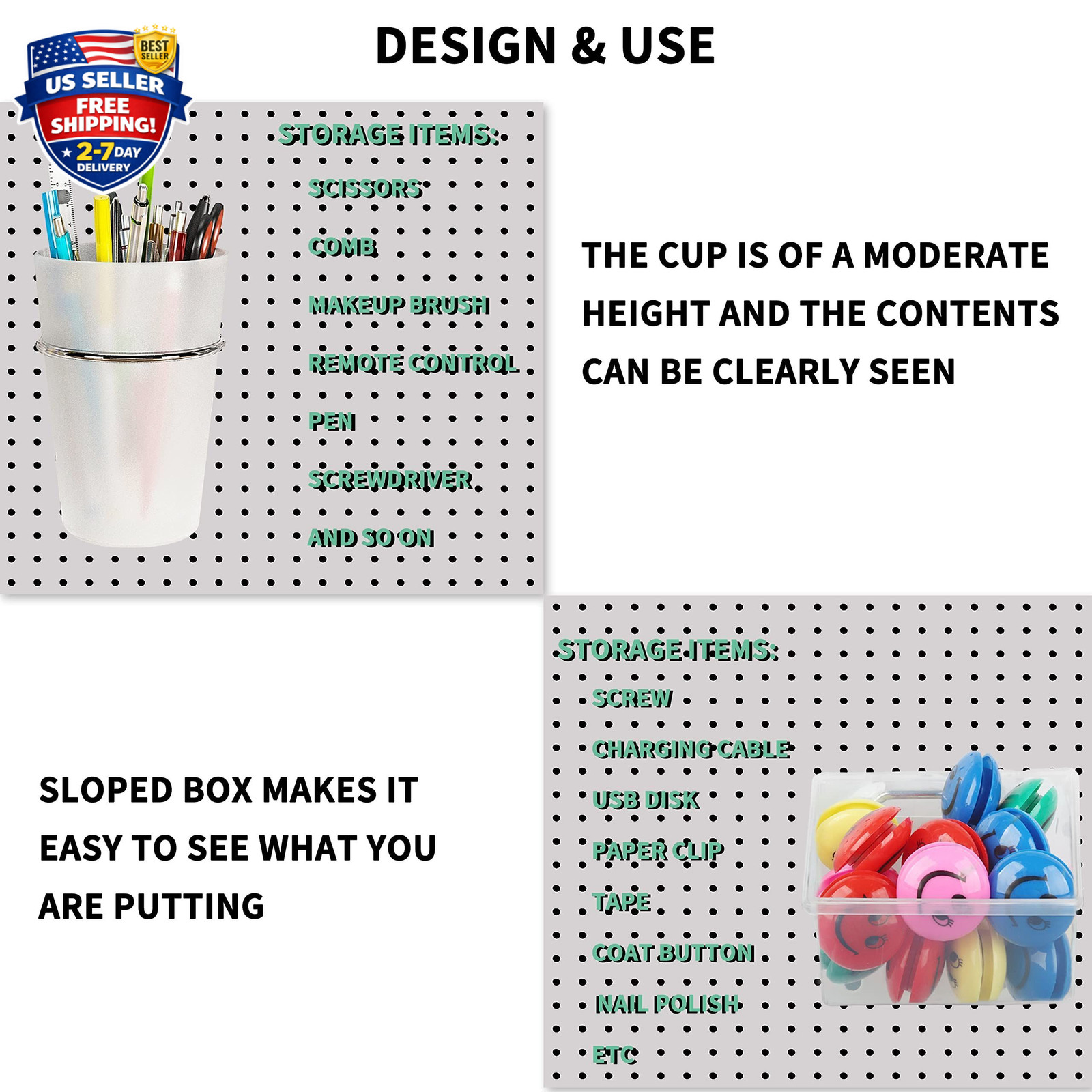 6 Sets Pegboard Bins and Cups with Pegboard Hooks, Pegboard Accessories Baskets,