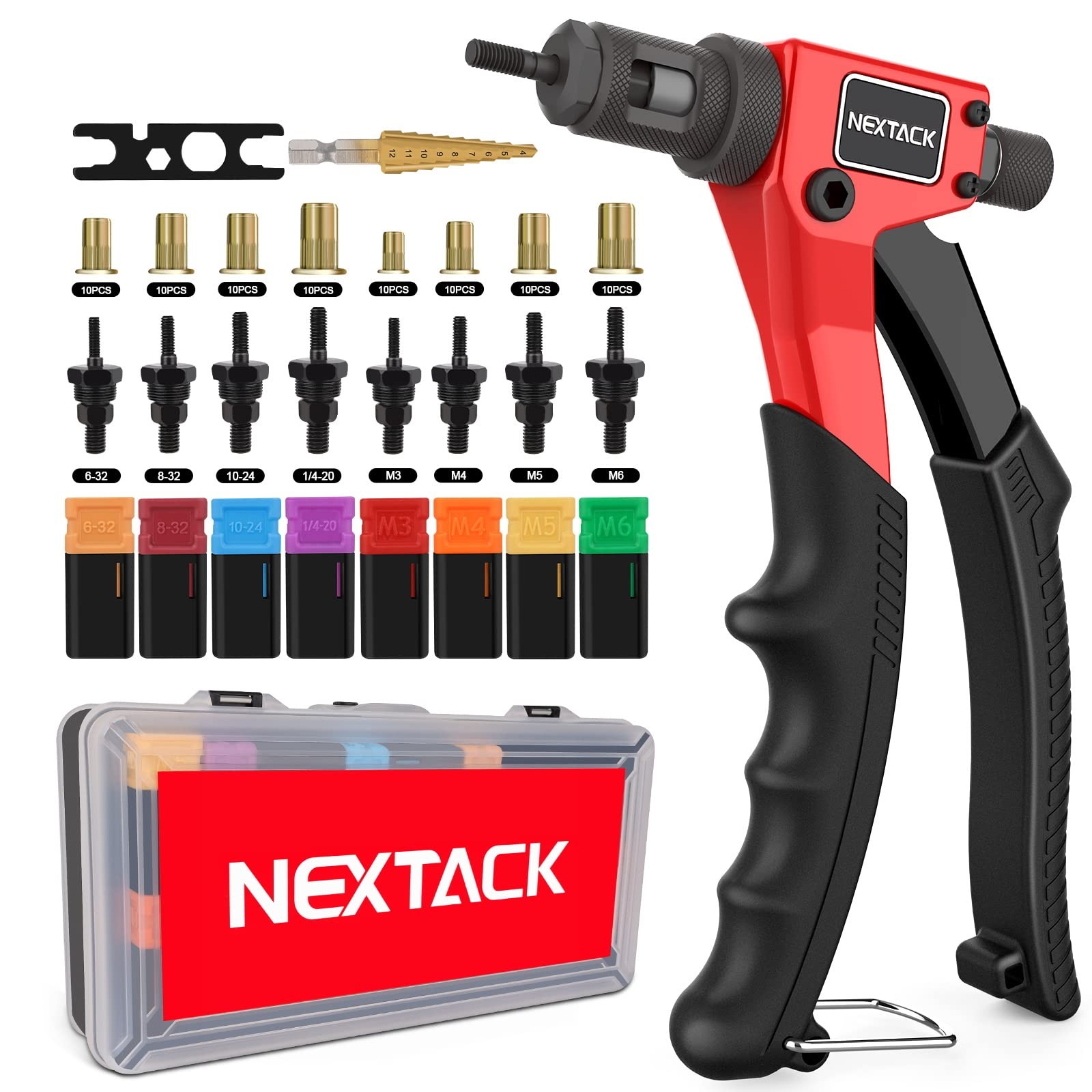 NEXTACK Rivet Nut 8-inch Single-handed Rivnut Tool Kit/80 Nutserts, Red,Black