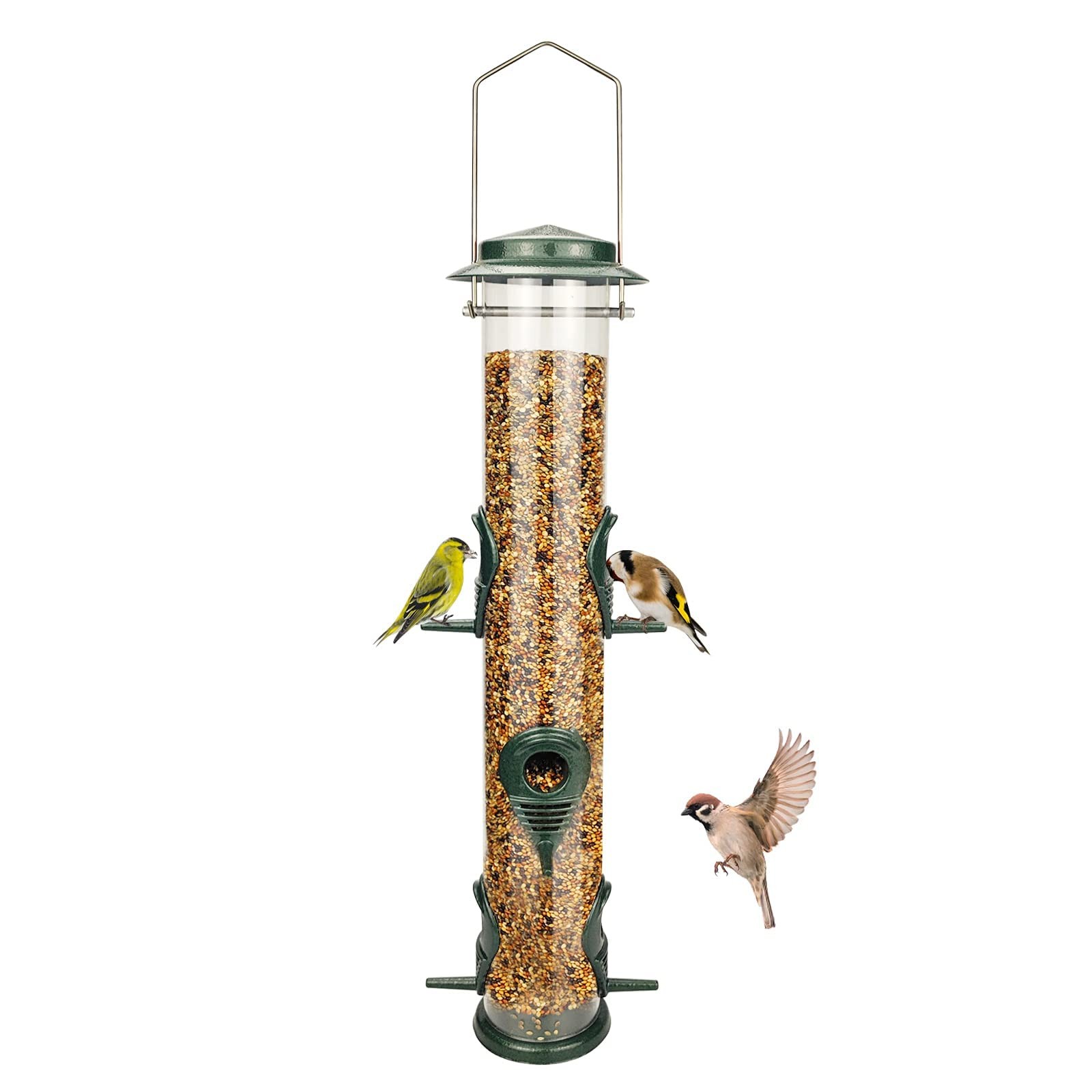 Metal Bird Feeder Tube Hanging Wild Seed Aluminum Six Port Green