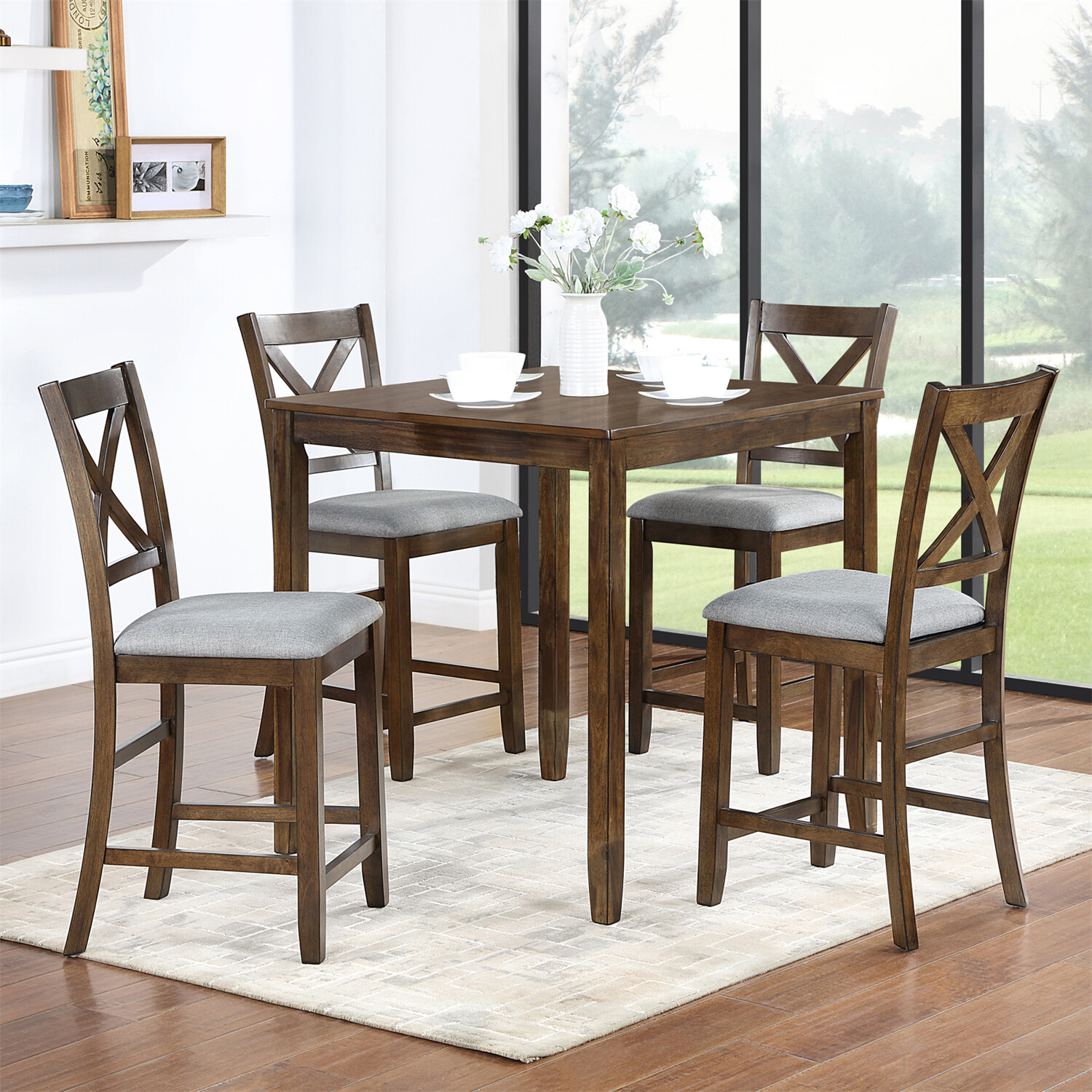 5 Piece Dining Table Set Dining Table w/ 4 Chairs for Kitchen Dining Room Walnut