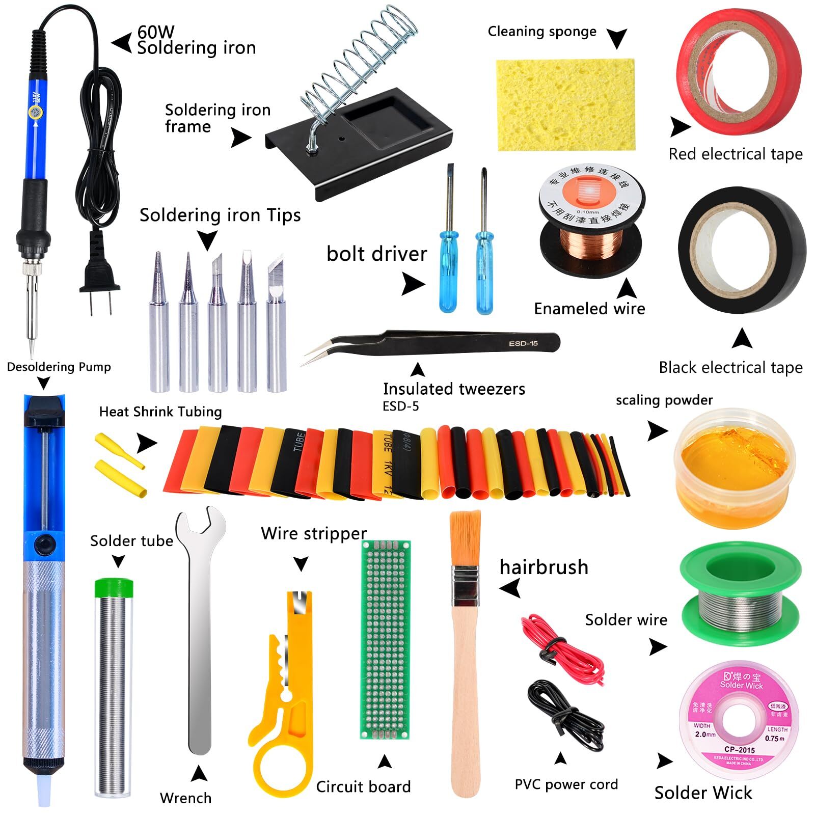 Cautin Para Soldar Estaño Electrico 110v Kit con Puntas Bomba de Desoldar US-60W