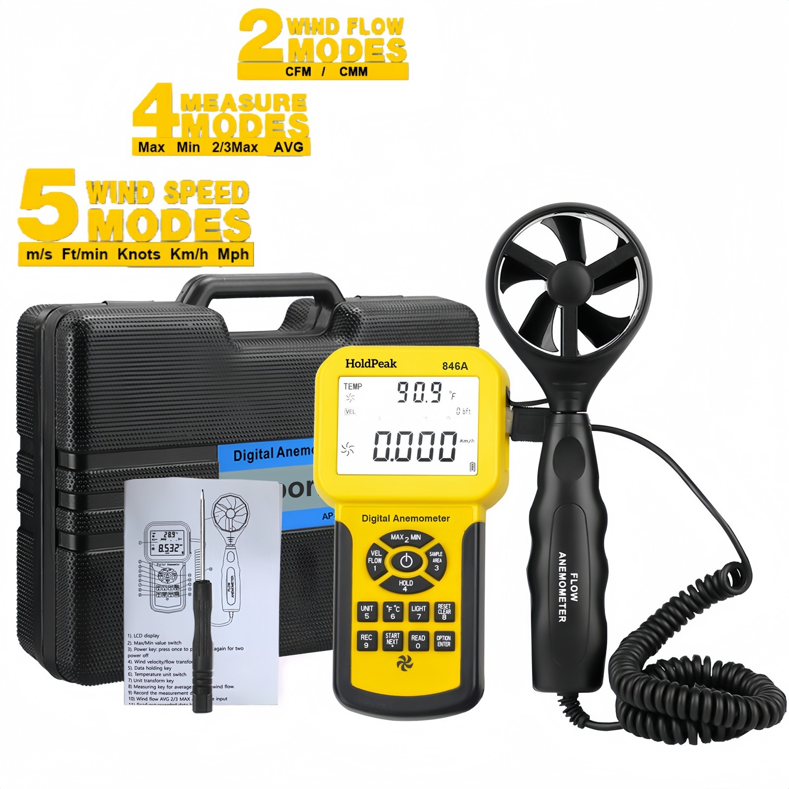 Digital HVAC Anemometer Handheld CFM Air Flow Velocity Temp Meter 0.001~100mph