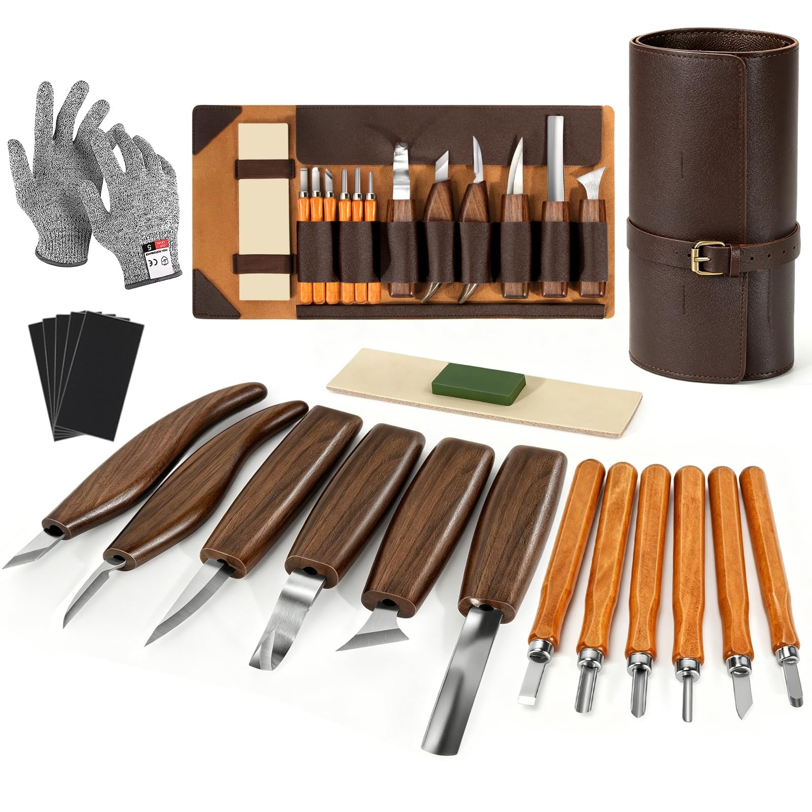 Wood Carving Tools, 17Pcs Wood Carving Kit with PU Storage Bag with 6Pcs Whit...
