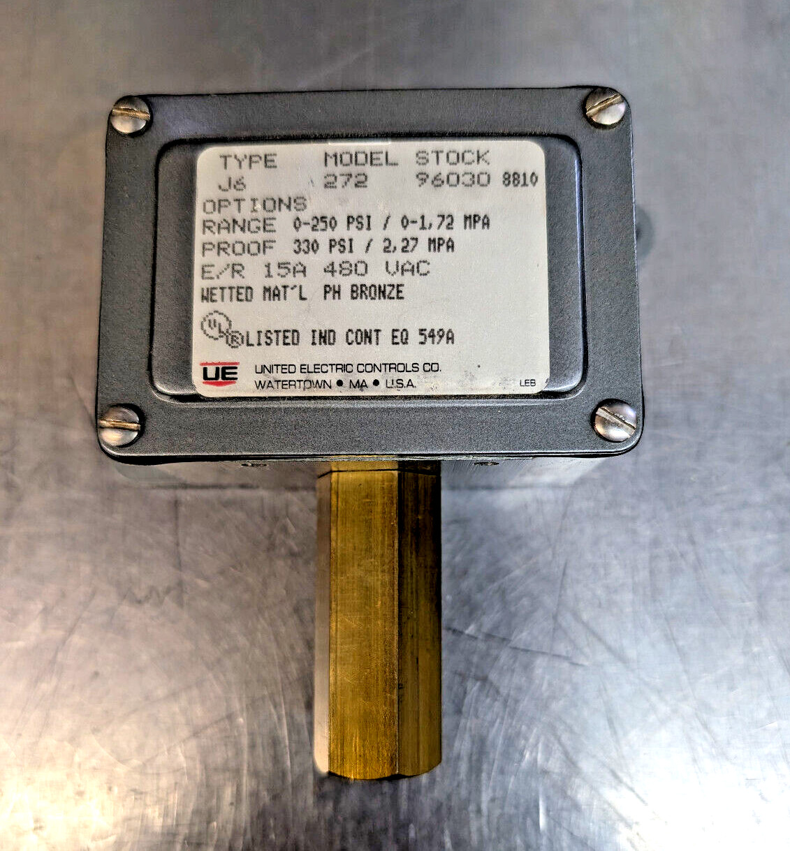 United Electric J6-272 ~ Pressure Switch, 0-250 PSI / 0-17.2 MPA, 480VAC, 15A