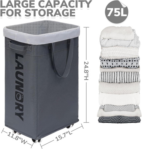 CHICVITA Hamper with Wheels 2-Pack, 75L Large Laundry Grey