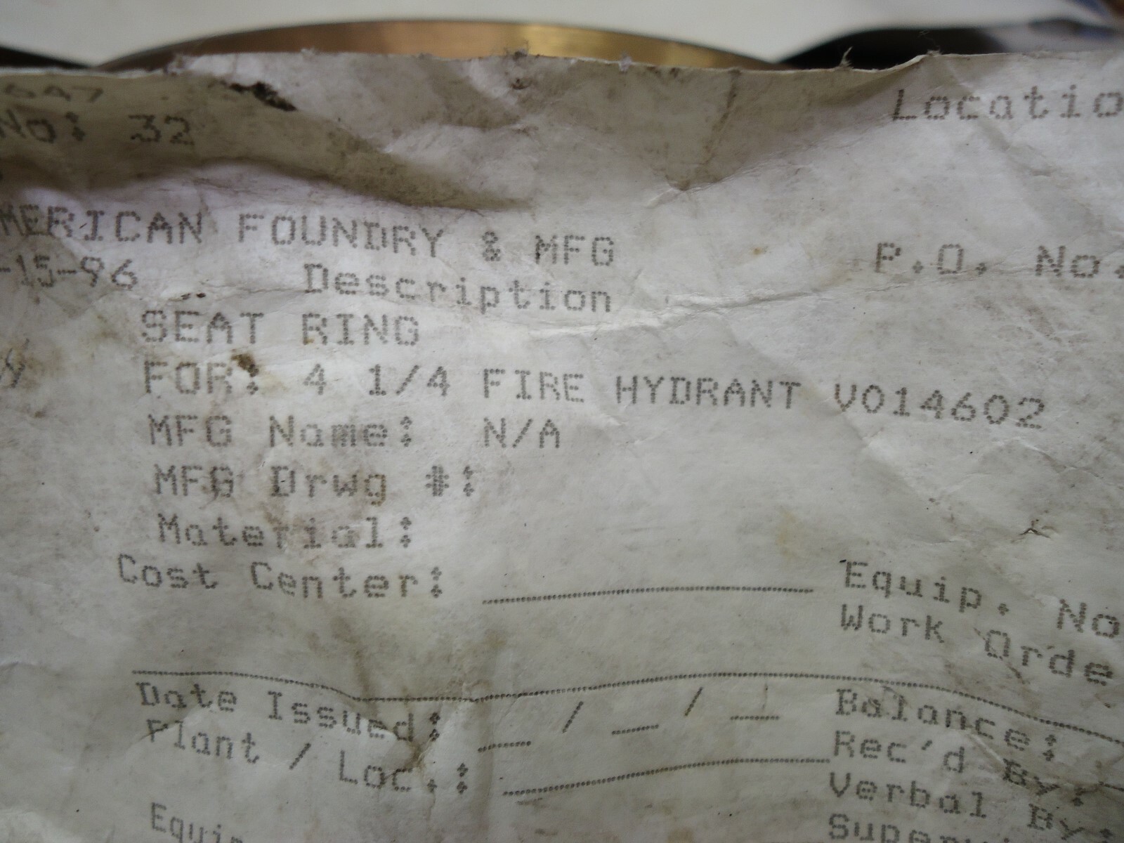 Brass 4-1/4" Fire Hydrant Seat Ring "New" V014602