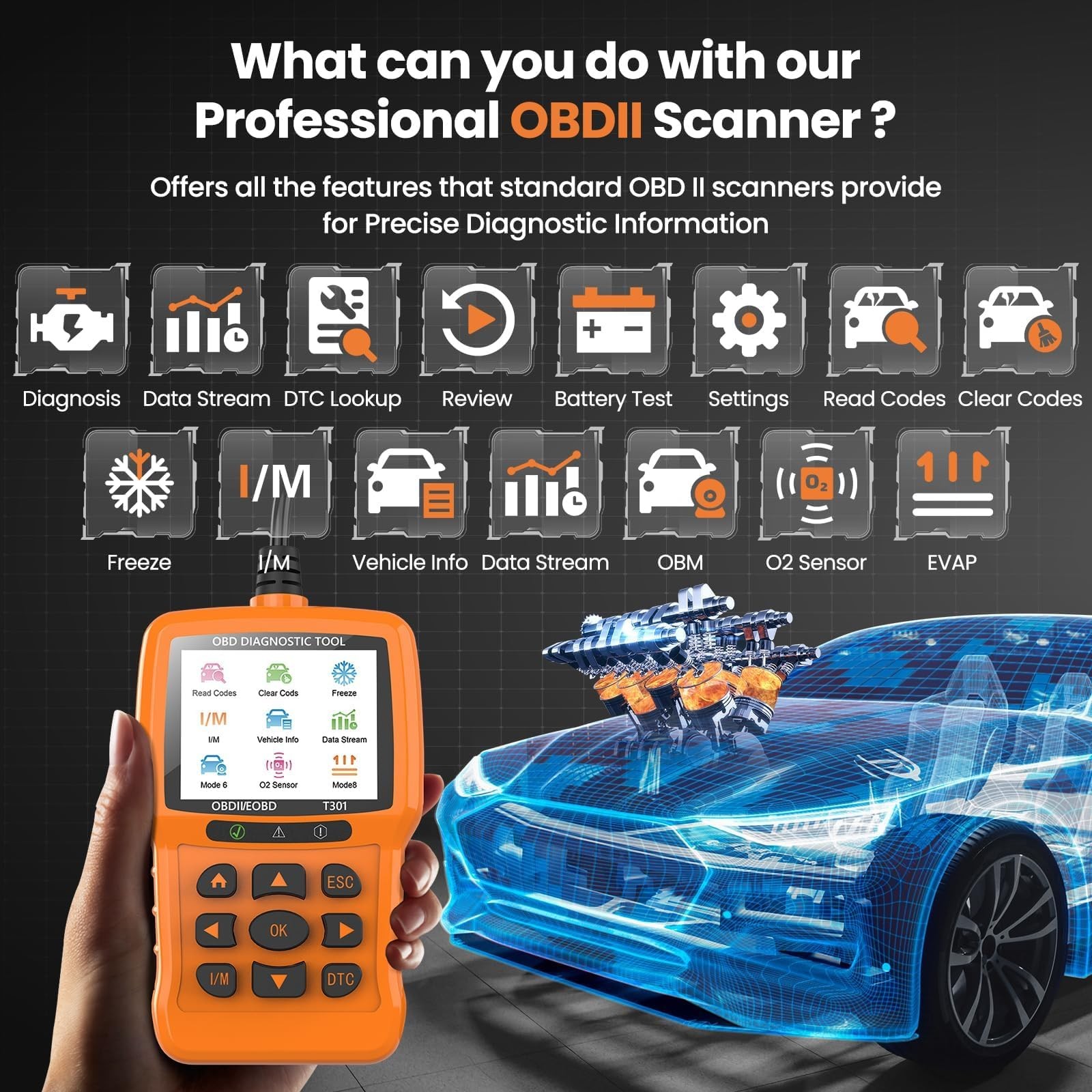 Beaspire OBD2 Scanner Diagnostic Tool, Check Engine Light Code Orange