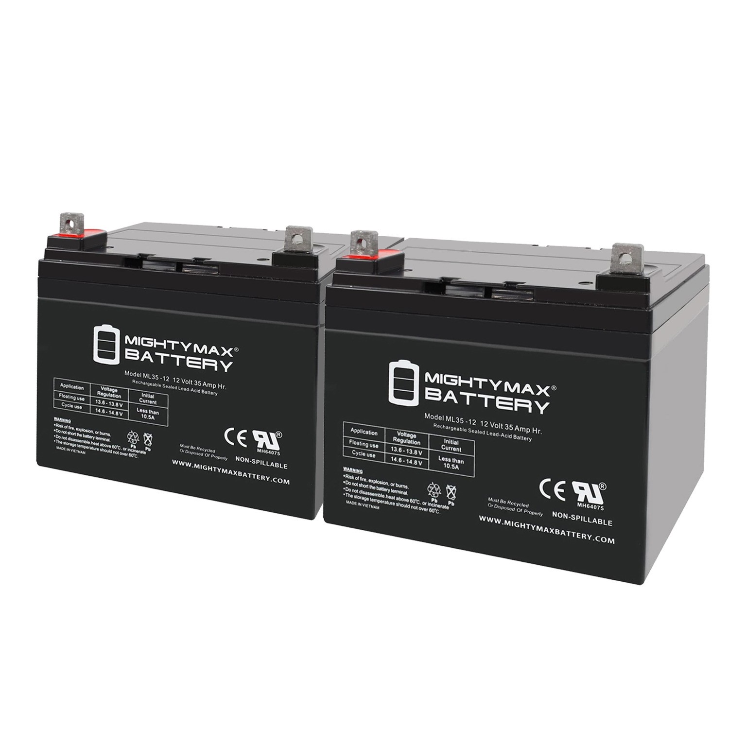 Mighty Max 12V 35Ah U1 Battery Replaces Pride Mobility BATLIQ1017 AGM - 2 Pack