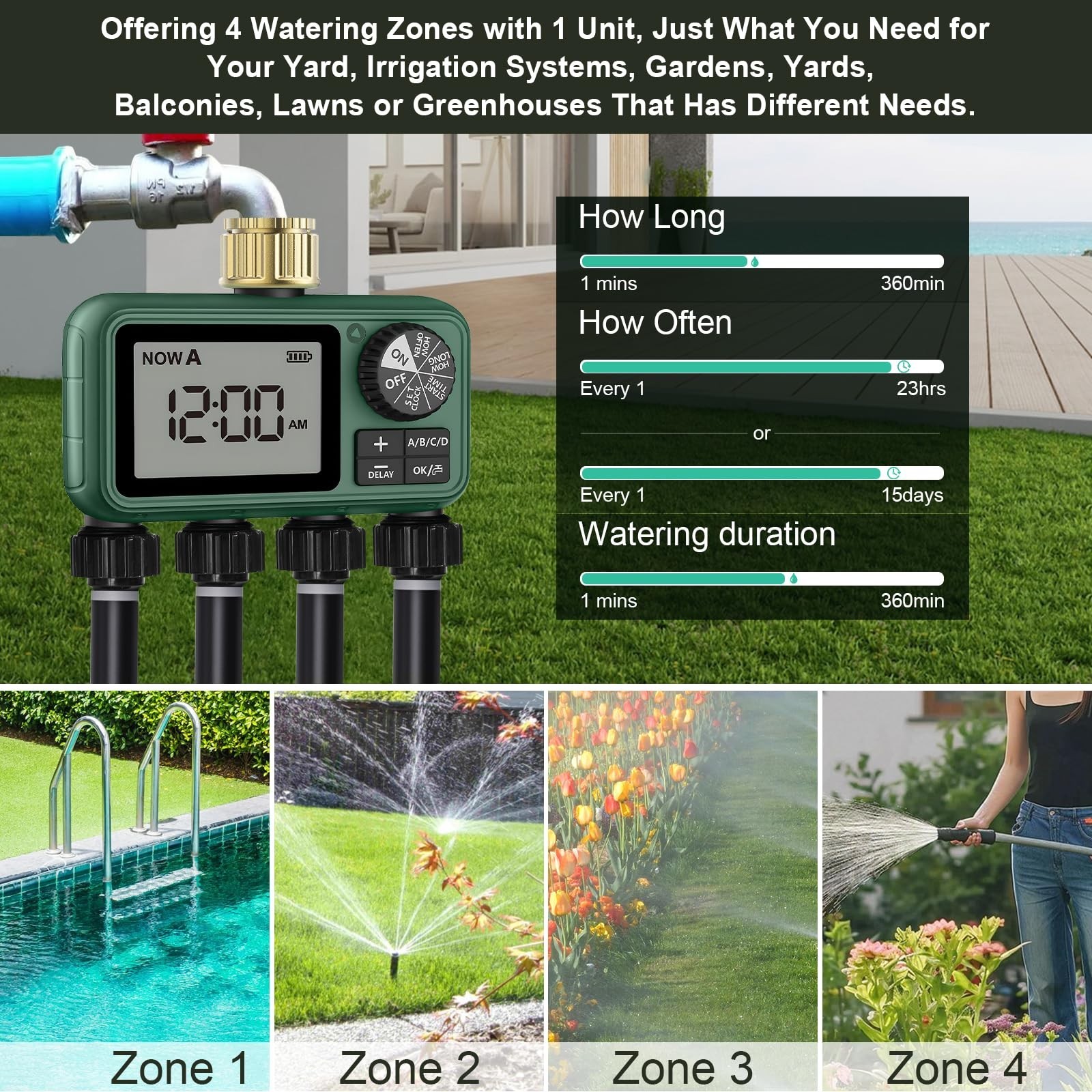Water Timer with 4 Outlet for Garden Lawn– Programmable Irrigation Controller