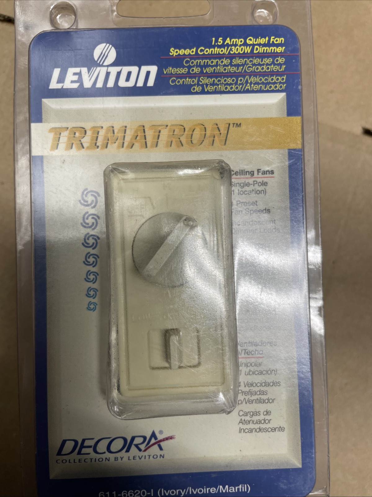 Leviton 6620-I Ivory 1.5 Amp Quiet Ceiling Fan Speed Control & 300W Dimmer