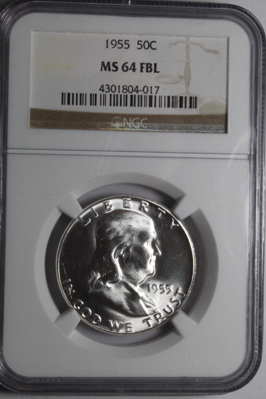 1955  Franklin Half Dollar MS64 FBL BLAST WHITE NGC #017