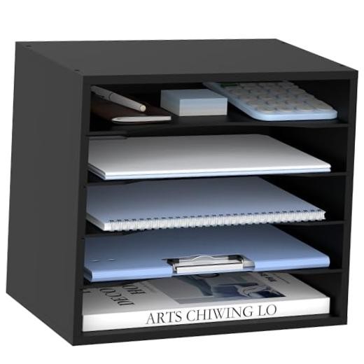Wood Desk Organizer, 5 Tier Paper File 13.4" x 9.1" x 12" Black 5 Compartments