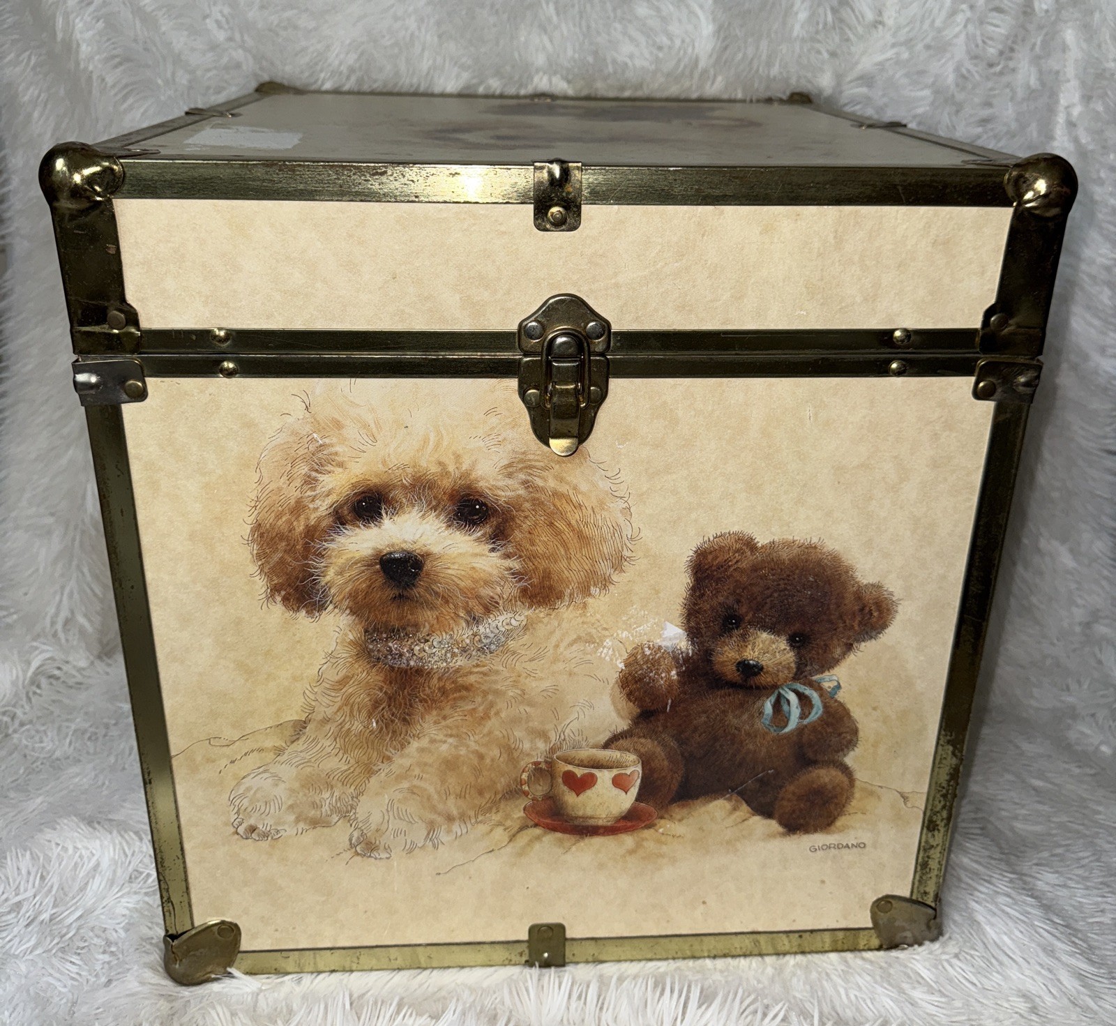 Vintage Poodle Puppy Toy Box Storage Chest Trunk Wood Brass kitsch Retro Decor