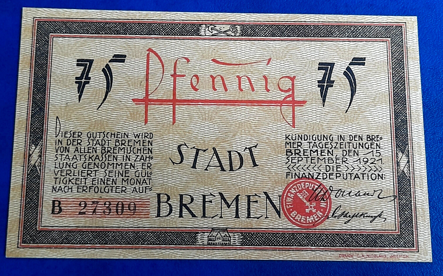 BREMEN NOTGELD 75 PFENNIG 1921 EMERGENCY MONEY GERMANY BANKNOTE (30736)