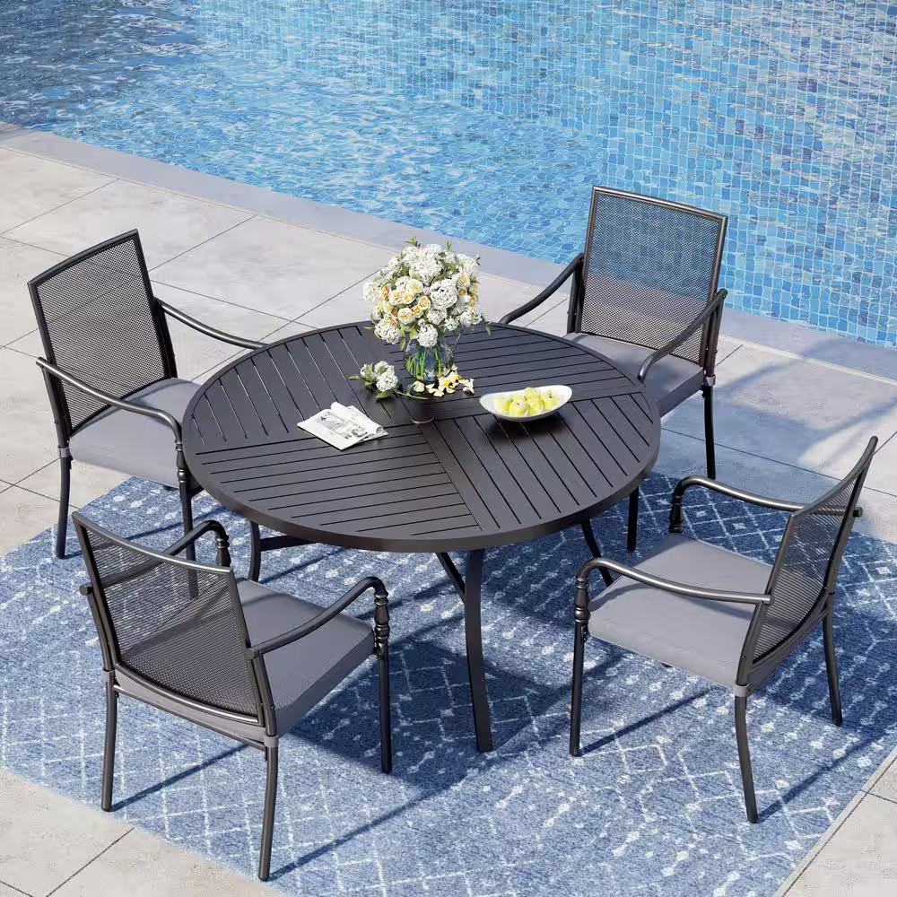 Black 5-Piece Metal Patio Outdoor Dining Sets with Stamped round Table and Gourd