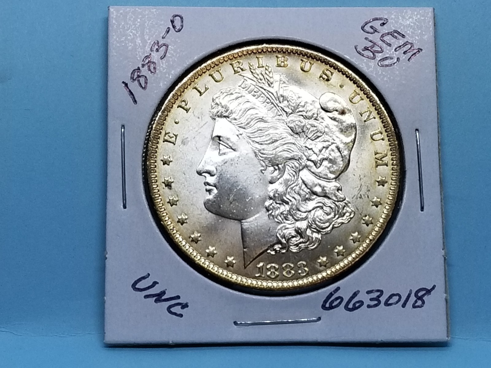 1883-O $ MORGAN SILVER DOLLAR GEM BU FROSTY WHITE TONED RIM #663018-65A