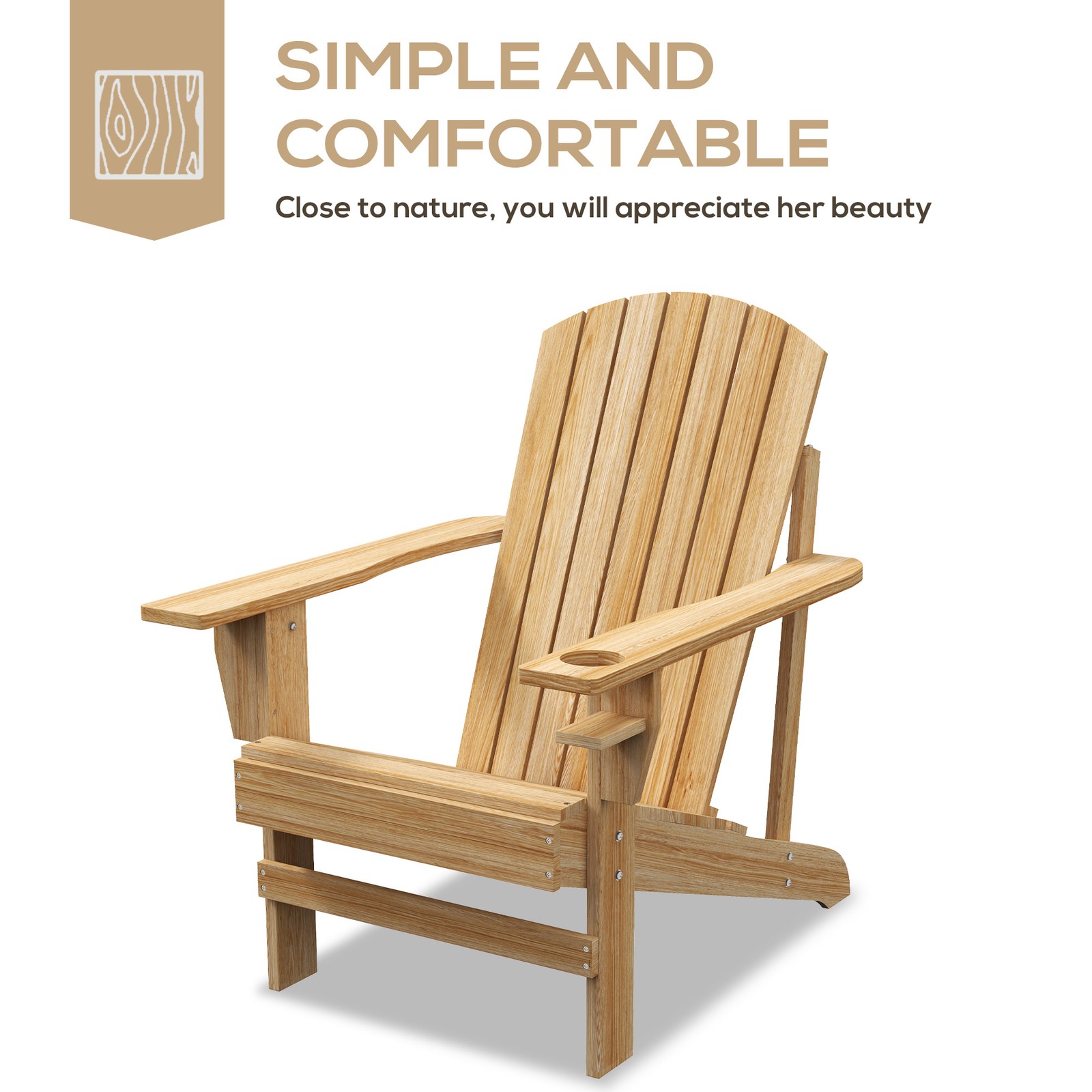 Wood Adirondack Chair, Wooden Outdoor & Patio Seating for Fire Pit, Natural