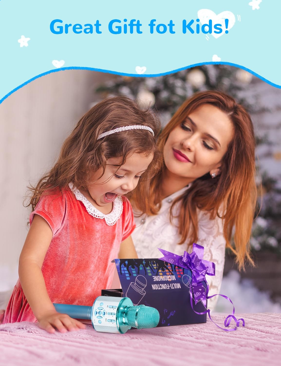 Kids Karaoke Microphone Bluetooth with LED Light Toy Gift for Children Blue